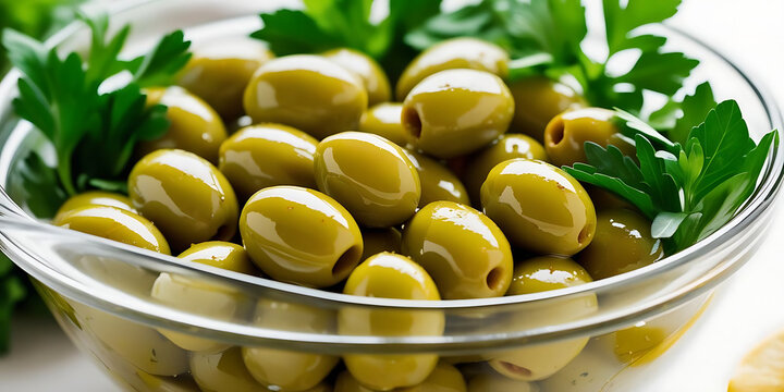 Fresh Green Olives in Clear Bowl with Parsley Garnish - Powered by Adobe