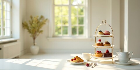 Delightful Afternoon Tea Party with Assorted Pastries and Cakes on a Three-Tiered Stand