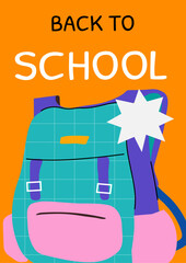Colorful backpack with starburst design for back to school on orange background. Educational back-to-school poster featuring school items. Ideal for school promotions, seasonal sales