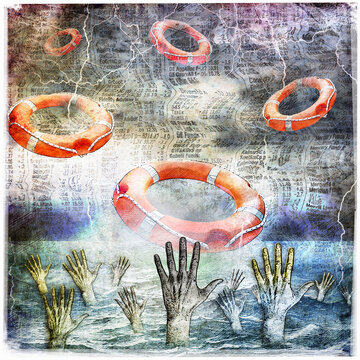 Drowning hands reaching for life belts in stock market storm