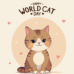 Adorable Cartoon Cat Celebrating World Cat Day with Cute Hearts and a Warm Color Palette Design
