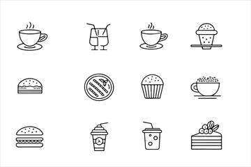 Food and Drink Icon Set with Coffee Tea Dessert and Beverage Illustrations