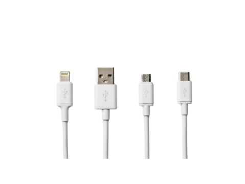 Stay connected with modern USB cables, essential for charging and data transfer on the go, sleek and white