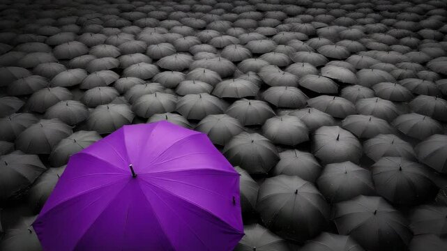 Single purple umbrella stands out among numerous black umbrellas