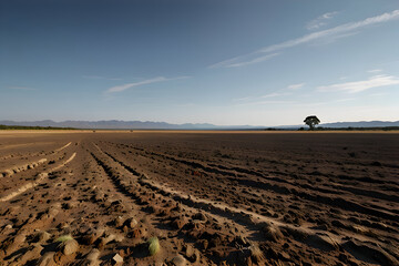 Obraz premium Open plain landscape with low vegetation and exposed soil, clear sky 
