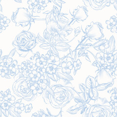 Floral seamless pattern. Blue and white textile design. Rose plants print. Toile de jouy flowers wallpaper, pattern, background. Nature gentle seamless pattern. Vector