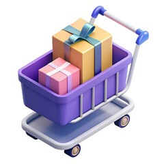 Purple shopping cart with two gift boxes