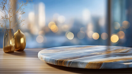 Polished marble tabletop with bokeh and gentle sunlight