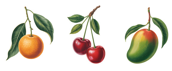 Watercolor Fruit Collection with Orange, Cherries, and Mango on Transparent Background for Food Illustrations