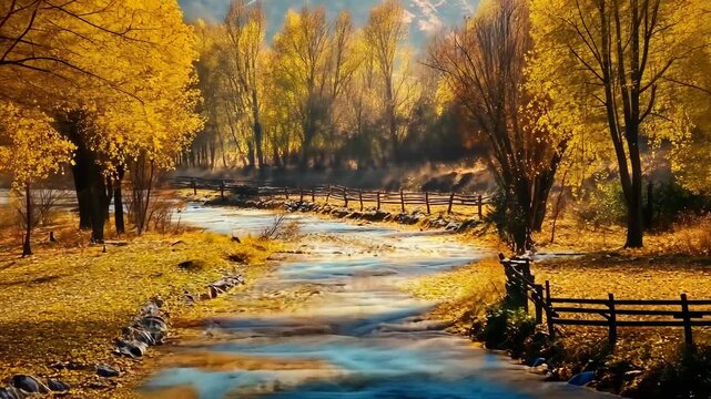Golden fall foliage colors a beautiful landscape in a park, with yellow and orange leaves reflecting on the tranquil water of a river