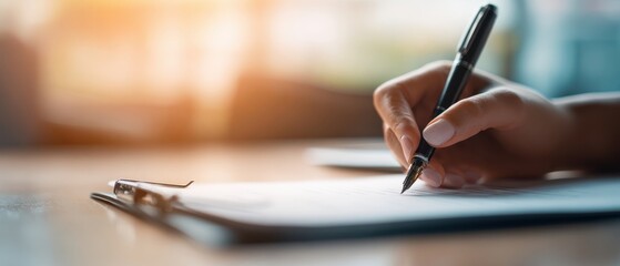 The hand writing notes on a document in a bright office setting.