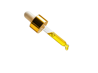 Golden serum dropper with essential oil, perfect for skincare and wellness promotions online today