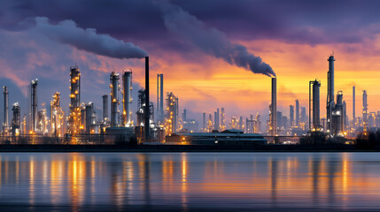Obraz premium Industrial Complex at Twilight with Smoky Glow Against Orange Clouds