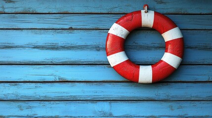 Red and white life preserver on weathered blue wood