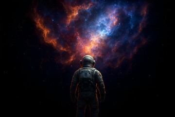 Fototapeta premium Astronaut gazing up at a vibrant colorful cosmic nebula in the vast expanse of space