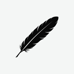 Simple stylized black feather in profile. Graphic minimalist line art design, diagonal layout, detailed barbs, solid black on white background. Perfect for tattoo, logo, decor.