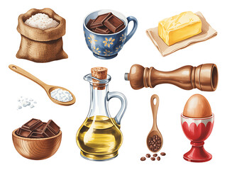 Baking Ingredients Collection Flour Chocolate Butter Eggs Oil Salt and Pepper on Transparent Background for Culinary Projects