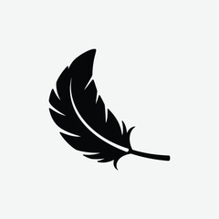 Simple stylized black feather in profile. Graphic minimalist line art design, diagonal layout, detailed barbs, solid black on white background. Perfect for tattoo, logo, decor.
