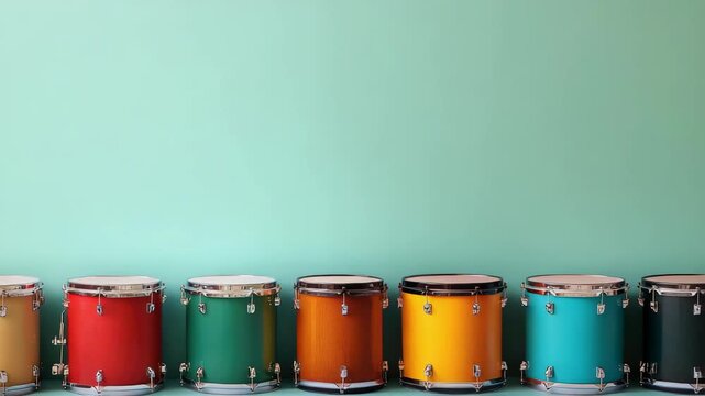 Colorful drums in row against green wall
