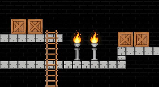 Pixel Art Game Level Design with Wooden Crates and Ladder, Isolated on Black Background