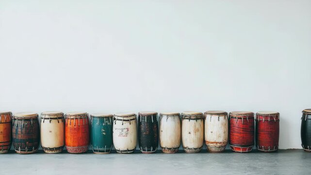 Row of traditional drums against light wall