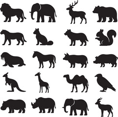 Vector art of black and white animal icons featuring lions bears elephants and more