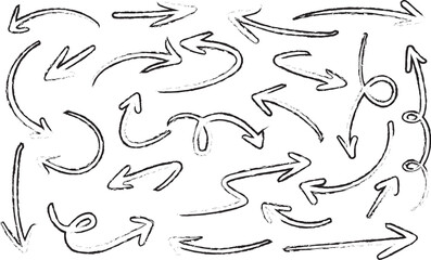 Vector collection of creative black arrows including swirl, loop, curve, and turn shapes in hand-drawn sketch and bold marker styles for navigation and visual emphasis.

