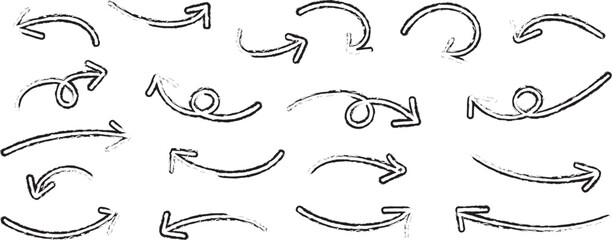 Set of hand-drawn sketch arrows in various curving and looping styles—perfect for highlighting direction, movement, or flow in infographics, notes, and design elements.