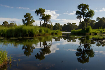  Wetland scene with mirrored water reflecting green vegetation and clear sky