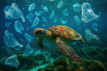Sea Turtle Swimming Through Ocean Plastic Pollution