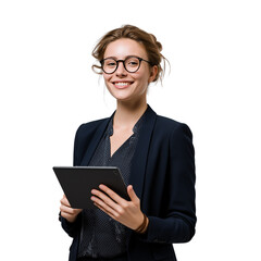 A smiling woman in business attire holding an iPad, standing against a transparent background, professional photograph
