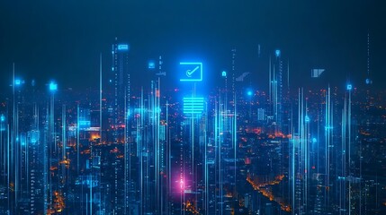 Futuristic Cityscape with Glowing Data Streams, Checkmark Icon, and Code Overlay