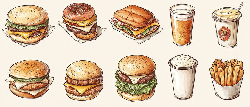 Hand-drawn fast food: burgers, fries, shakes, and beer