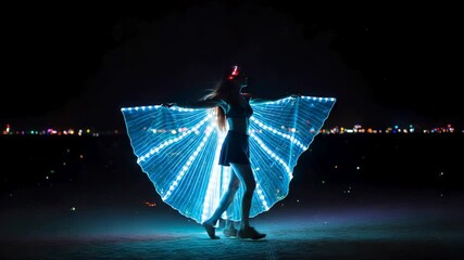 Glowing wings illuminating nighttime dance performance, creating mesmerizing visual spectacle against vibrant city lights backdrop - Powered by Adobe