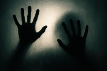 Shadowy Hands Pressed Against Glass with Dark Silhouette