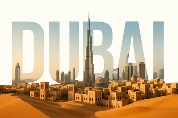 Dubai Skyline With Desert Dunes And City Name Overlay