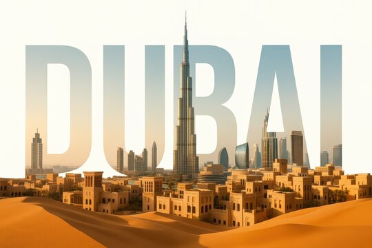 Dubai Skyline With Desert Dunes And City Name Overlay