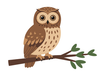Brown Owl Perched on Branch Detailed Feathers Large Eyes.
