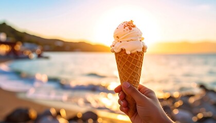 Hand holding ice cream cone at sunset beach