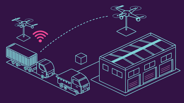 Illustration of drones and trucks transporting goods to a warehouse with a wifi connection present