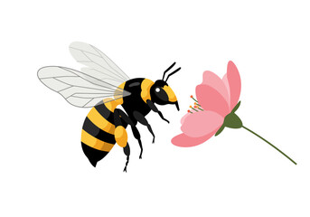 Cartoon Bee in Flight Approaching Pink Flower Vector Illustration.