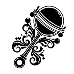 Elegant black and white floral ornament featuring a stylized baby rattle for engraving, stencil, or decorative printing