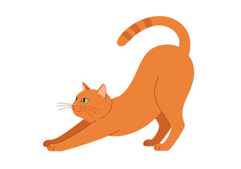 Stretching Ginger Cat with Green Eyes and Striped Tail Illustration.