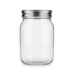 A clear glass mason jar with a silver lid isolated on a white background in a studio setting