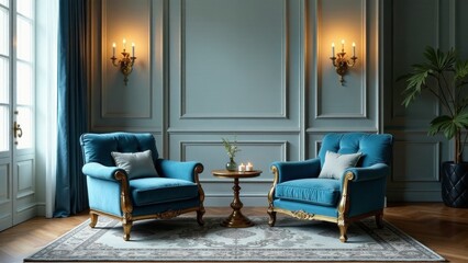 Fototapeta premium Elegant Teal Velvet Armchairs in a Classic Room Setting with Gilded Accents and Subtle Lighting