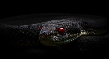 Fototapeta premium Black Snake with Red Eyes: Dramatic Close-Up, Dark Moody Wildlife Photography