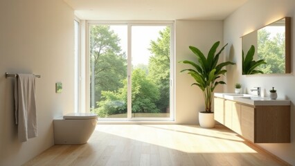 Fototapeta premium Serene Modern Bathroom Design with Natural Light and Lush Greenery