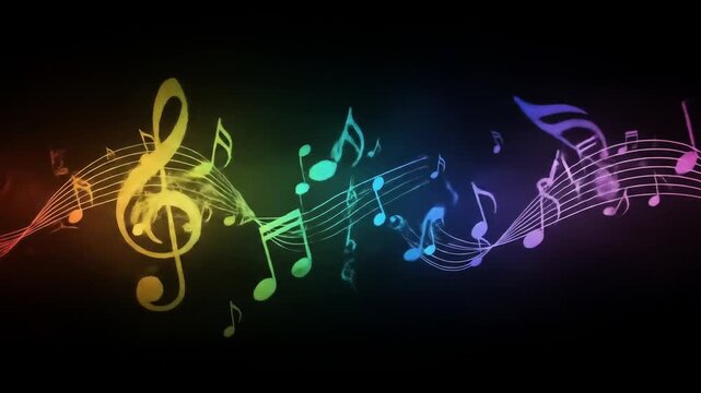 Colorful Musical Notes Wave Flowing Across Black Background With Treble Clef