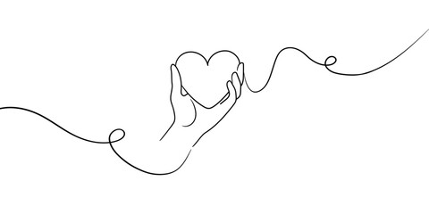 Heart in hand, continious line drawing. Love, charity, help, support outline. Vector illustration