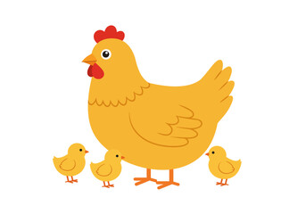 Yellow Hen with Three Fluffy Yellow Chicks.